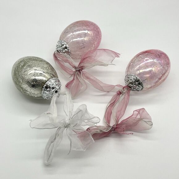 VTG Heavy Crackle Glass Egg Ornament Christmas Easter Pink Silver Kugel Lot of 3 - Picture 3 of 7